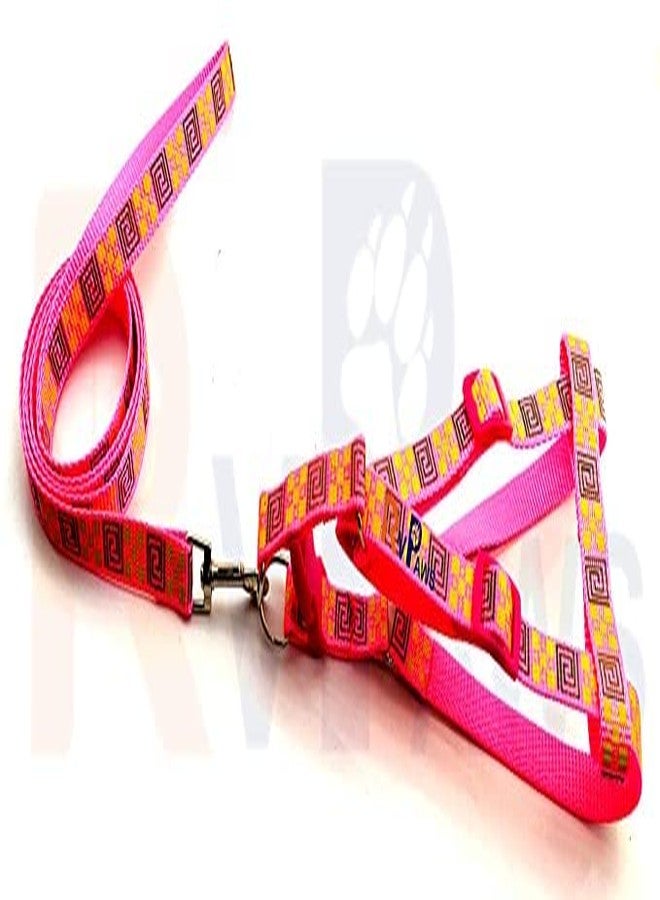 Pups&Pets Pet Adjustable Soft Nylon Dog Printed Harness and Leash Set Suitable for Puppies, Cats and Kitten - (15mm, Pink) Small - Image 1